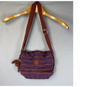 Kipling Crossbody Bag Purple‎ Orange Pink Striped Monkey Charm Adjustable Strap